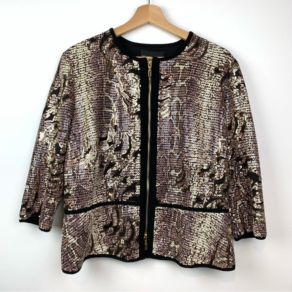 Frank Lyman Sequin Cardigan Jacket Zip Sz 16 Animal Print Yacht Cruise Old Money
